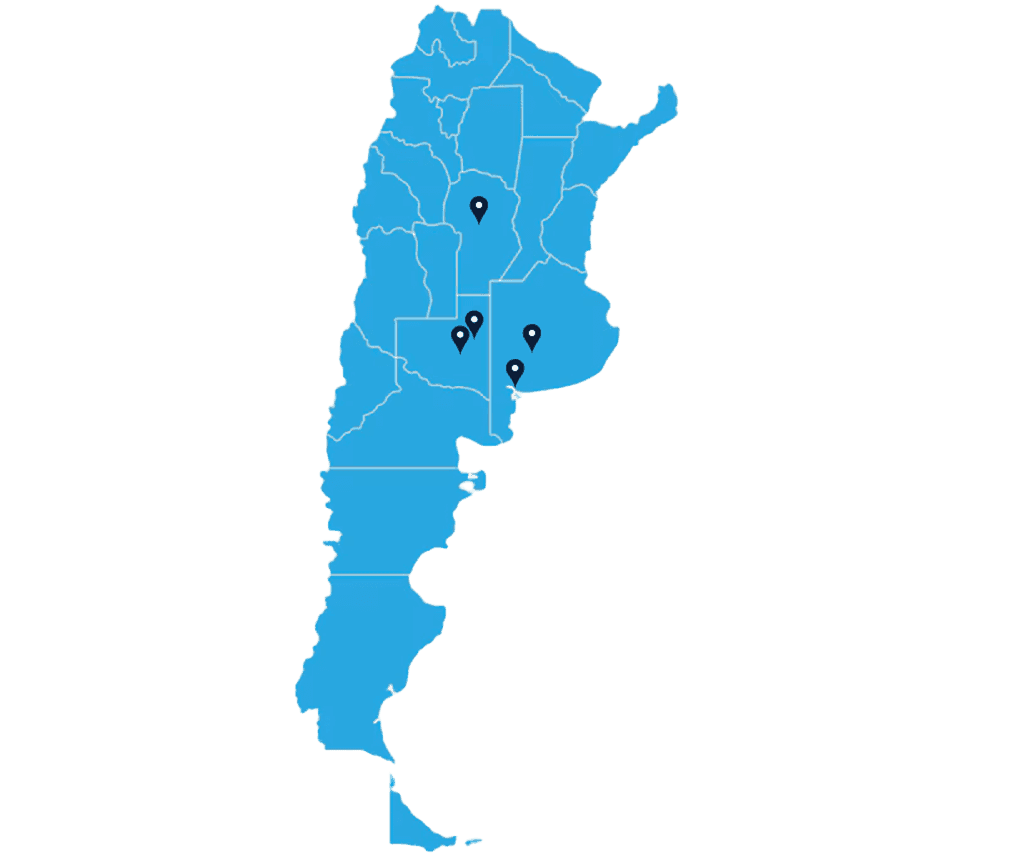 Mapa de Argentina con ubicaciones de agencias - Bahía Blanca, Santa Rosa, Coronel Suárez y Río Tercero